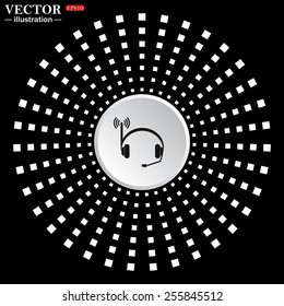 White circle on a black background. icon,  Headphones. Musical accessories running through wi-fi network,  vector illustration, EPS 10