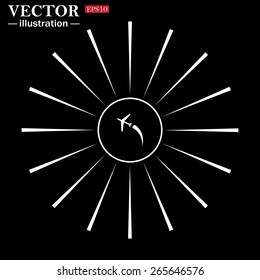 White circle on a black background with white rays.  The plane takes off. Icon plane. Vector illustration, EPS 10