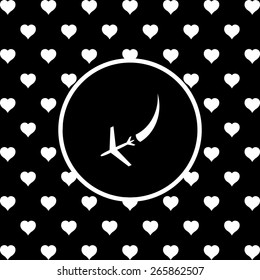 White circle on a black background with hearts.  icon plane. The plane is landing , vector illustration, EPS 10