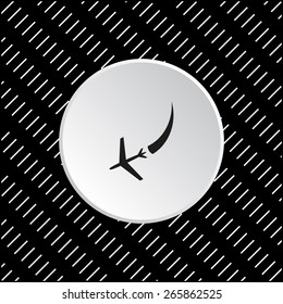 White circle on a black background with white strokes.  icon plane. The plane is landing , vector illustration, EPS 10