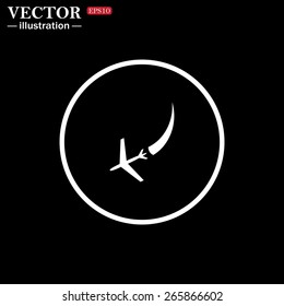 White circle on a black background.  icon plane. The plane is landing , vector illustration, EPS 10