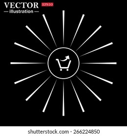 White circle on a black background with white rays.  remove from the shopping cart, vector illustration, EPS 10