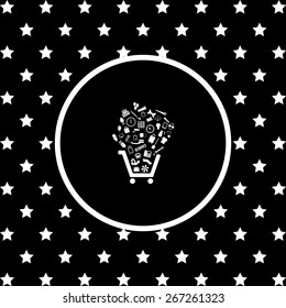 White circle on a black background with stars.  Set of icons. Put into shopping cart. Great buy. Cart of goods, web icon. vector design