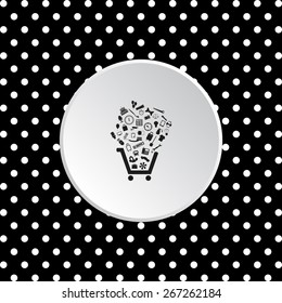 White circle on a black background with white polka dots.  Set of icons. Put into shopping cart. Great buy. Cart of goods. Supermarket, web icon. vector design