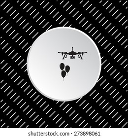 White circle on a black background with white strokes.  Aerial photography. Festive balloons. Quadrocopter. icon. vector design