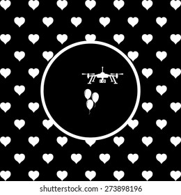 White circle on a black background with hearts.  Aerial photography. Festive balloons. Quadrocopter. icon. vector design