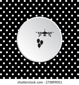 White circle on a black background with white polka dots.  Aerial photography. Festive balloons. Quadrocopter. icon. vector design