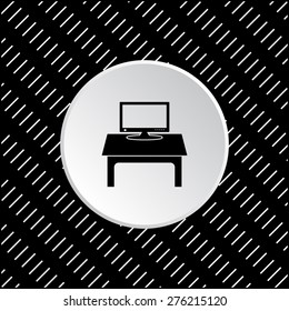 White circle on a black background with white strokes. Computer desk, workplace. icon. vector design