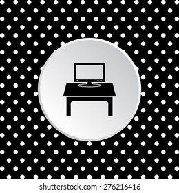 White circle on a black background with white polka dots. Computer desk, workplace. icon. vector design