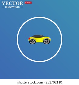 White circle on a blue background. yellow car, Vector illustration, EPS 10 