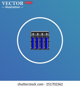White circle on a blue background. battery charger with batteries, vector illustration, EPS 10 