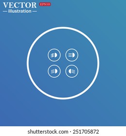 White circle on a blue background. Indicator lights on the car dashboard, dipped beam, main beam, fog lights, brake, rear fog lights. 