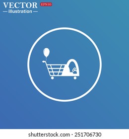 White circle on a blue background. Shopping with a cabin for children and inflatable festive ball. Vector illustration, EPS 10