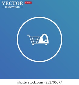 White circle on a blue background. Shopping basket with cabin for children, vector illustration, EPS 10