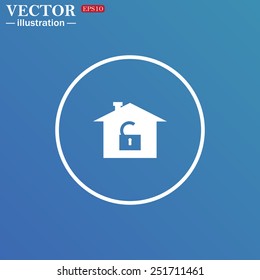 White circle on a blue background. House, access is open, unlocked,  vector illustration, EPS 10