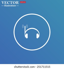 White circle on a blue background. Headphones. Musical accessories running through wi-fi network,  vector illustration, EPS 10