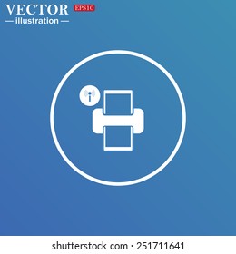 White circle on a blue background.  Printer with wi-fi connection , vector, EPS 10
