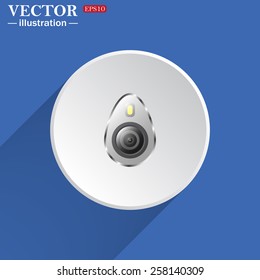 White circle on a blue background with shadow. icon smartphone camera and flash, vector illustration, EPS 10