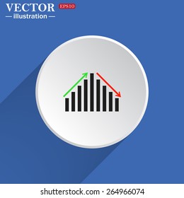 White circle on a blue background with shadow.  Icon chart with arrows, vector illustration, EPS 10