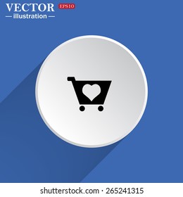 White circle on a blue background with shadow.   Favorite products. Favorite purchase. Heart.  put in shopping cart , vector illustration, EPS 10