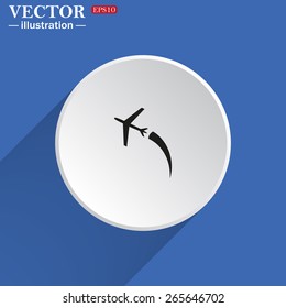 White circle on a blue background with shadow.  The plane takes off. Icon plane. Vector illustration, EPS 10