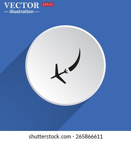 White circle on a blue background with shadow.  icon plane. The plane is landing , vector illustration, EPS 10