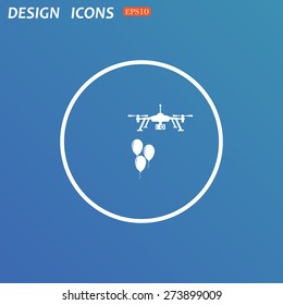 White circle on a blue background.  Aerial photography. Festive balloons. Quadrocopter. icon. vector design