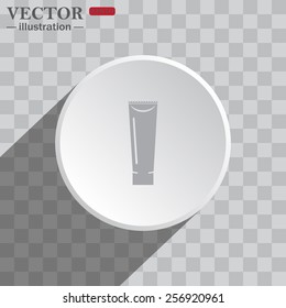 White circle on a gray background with shadow. icon,    tube for cream or another cosmetic remedy , vector illustration, EPS 10