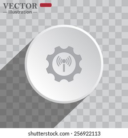 White circle on a gray background with shadow. icon,   Toothed setting controls via wi-fi network, vector illustration, EPS 10