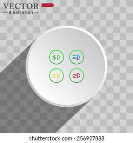 White circle on a gray background with shadow. icon,   Indicator lights on the car dashboard, dipped beam, main beam, fog lights, brake, rear fog lights. vector illustration, EPS 10