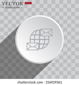 White circle on a gray background with shadow. icon,   Internet e-mai, envelope lette, Globe,  vector illustration, EPS 10