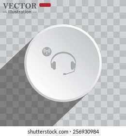 White circle on a gray background with shadow. icon,   Headphones. Musical accessories running through wi-fi network,  vector illustration, EPS 10