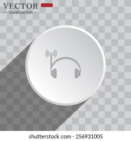 White circle on a gray background with shadow. icon,   Headphones. Musical accessories running through wi-fi network,  vector illustration, EPS 10