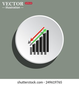 White circle on a green background with shadow. chart with green and red arrows, vector illustration, EPS 10
