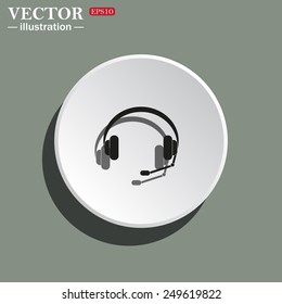 White circle on a green background with shadow. Headphones. Musical accessory,   vector illustration, EPS 10