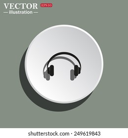 White circle on a green background with shadow. Headphones. Musical accessory,   vector illustration, EPS 10