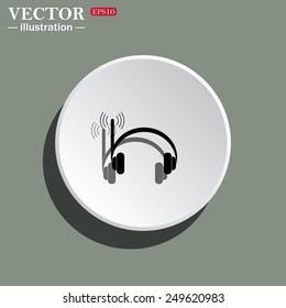 White circle on a green background with shadow. Headphones. Musical accessories running through wi-fi network,  vector illustration, EPS 10