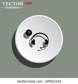 White circle on a green background with shadow. Headphones. Musical accessories running through wi-fi network,  vector illustration, EPS 10