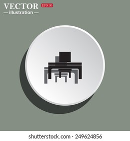 White circle on a green background with shadow. desk and chair, a table in the office.  Vector illustration EPS 10