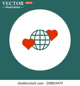 White circle on a green background.  Icon planet and two red hearts. Symbol of love between the nation. Globe.  vector illustration, EPS 10 