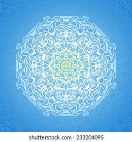 White circle ornament on blue backdrop. Ornate vector snowflake for Christmas and New Year's design. Elegant element for winter's background. Ornamental Holiday pattern for greeting cards.