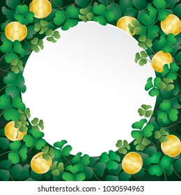 White circle paper cut style as copy space on shamrock leaves called green clovers background decorated with golden coin. Background for saint patrick's day. Vector illustration.