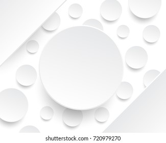 White circle paper cut style with drop shadows on white background and rectangle banner at corner