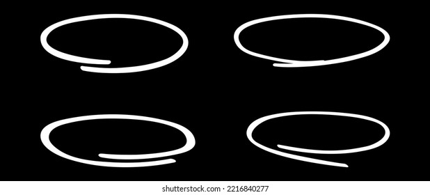 White circle, pen draw set. Highlight hand drawing different circles isolated on background. Handwritten white circle. For marking text, numbers, marker pen, pencil and text check, vector illustration