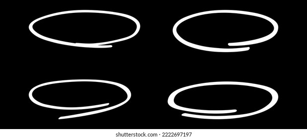 White circle, pen draw set. Highlight hand drawing different circles isolated on background. Handwritten white circle. For marking text, numbers, marker pen, pencil and text check, vector illustration