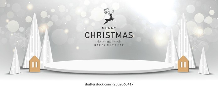 White circle platform with triangle tree shape, home bauble on gray bokeh shiny background. Christmas background design for product display. Vector illustration.