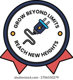 Ein weißer Kreis mit einem Stecker darauf und den Worten "über Grenzen hinaus wachsen", die um ihn herum geschrieben sind