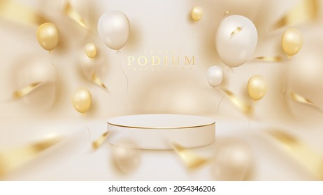 White circle podium background with balloons and ribbon elements, 3d realistic luxury style