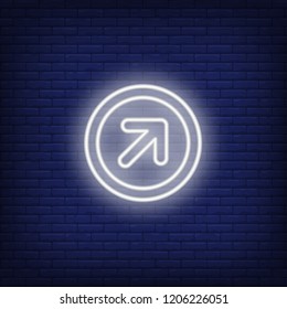 White circle with pointer neon sign. Glowing neon white round sign with arrow on dark blue brick background. Vector illustration for web sites, outdoor banners