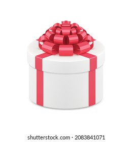 White circle present case decorated by red bow ribbon 3d vector illustration. Elegant rounded gift box festive greeting New Year celebrate